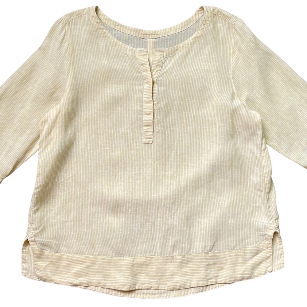 100% Linen Top Minimalist Large Buttery Yellow White Striped Casual Blouse Shirt